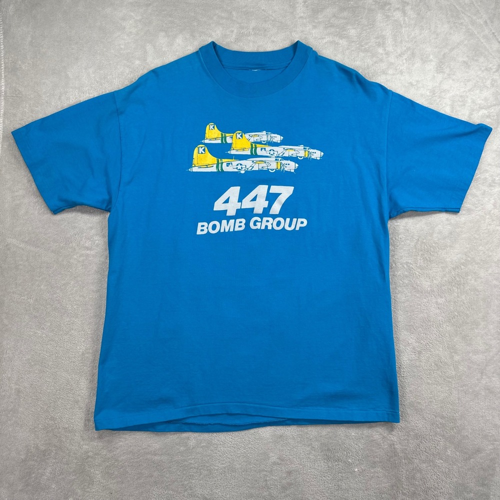 Vintage 447 Bomb Group Shirt Mens XL Blue WWII B-17 Bomber Single Stitch Graphic